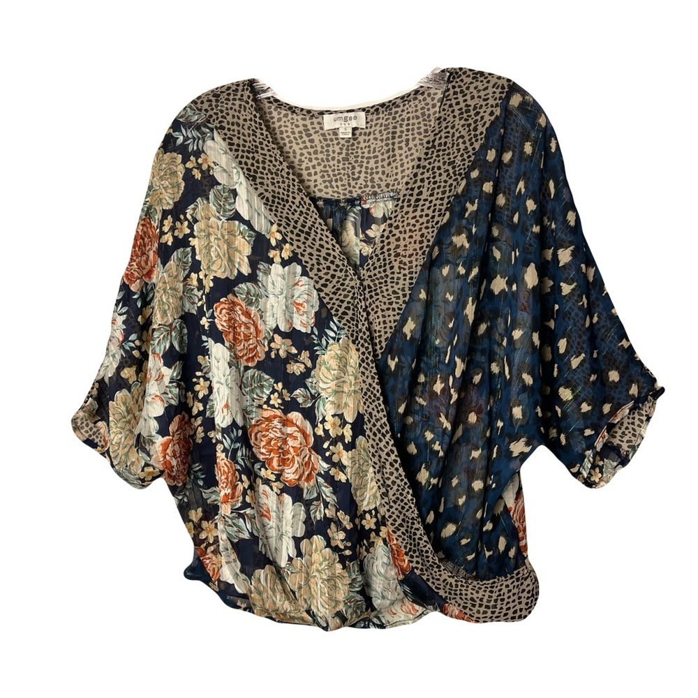 Umgee | Navy Mixed Print Boho Surplice Top, Small - image 1
